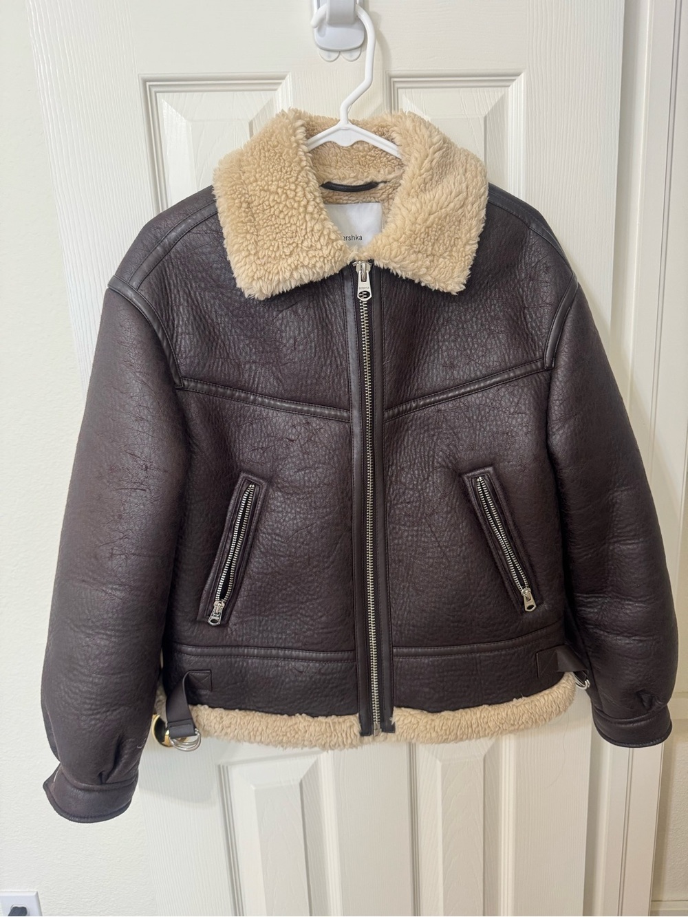 Bershka Dark Brown Faux Shearling Aviator Jacket with Cream Collar